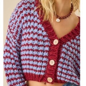 Altar’d State Chunky Knit Cropped Cardigan Blue Burgundy | NWT | M